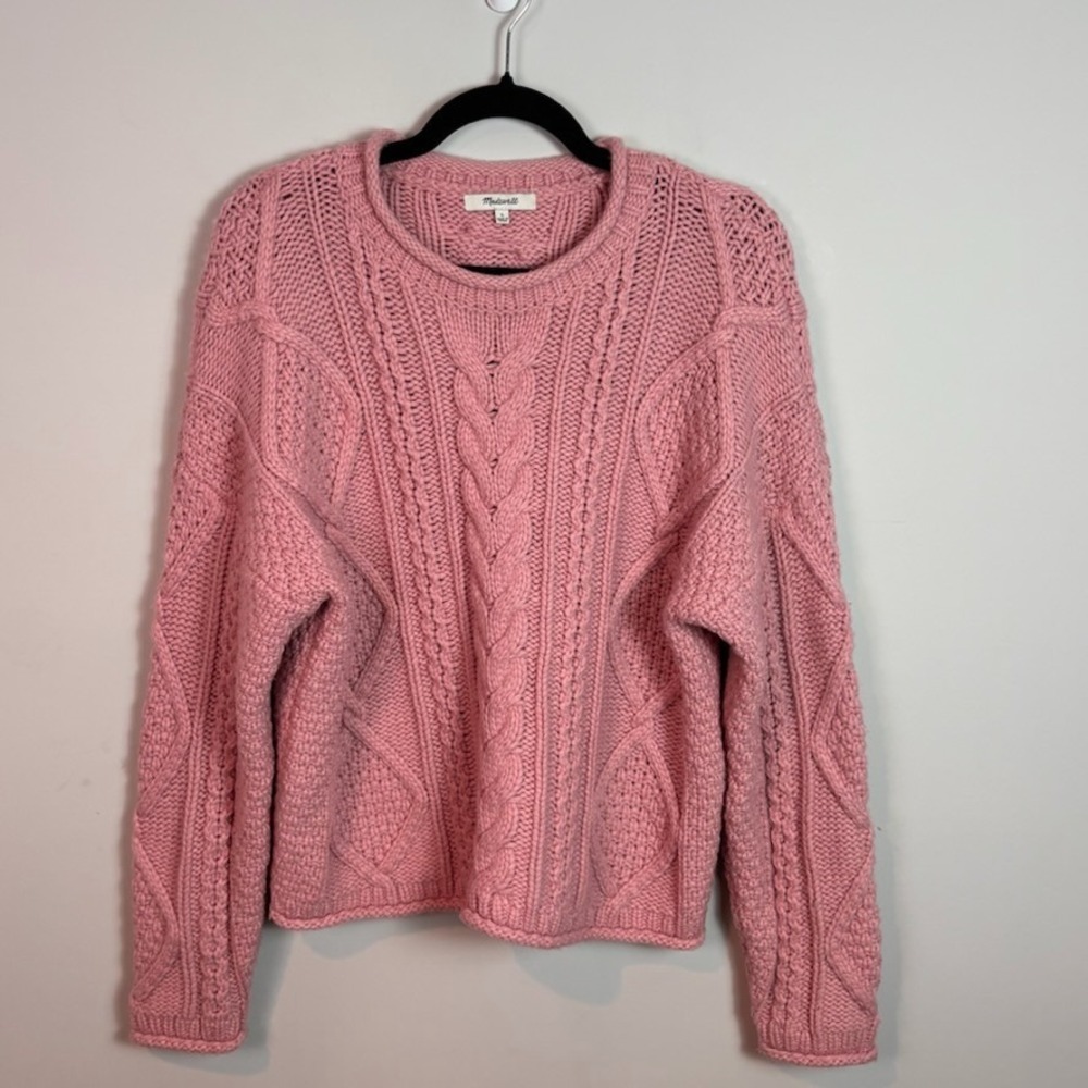 Madewell Slope Cable Knit Pullover Pink Chunky Knit Sweater Women Lg Wool Alpaca